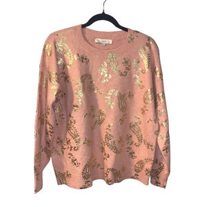 LOFT Women's Boho Metallic Gold Foil Sweater Size M NEW Pink Retro Paisley Fall
